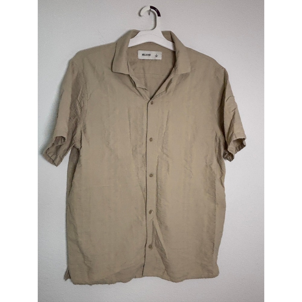 Hollister Mens Large Tan Textured Short Sleeve Button Down Camp Shirt Khaki